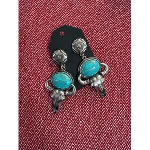 Southwestern Turquoise Longhorn Steer Skull Silver Tone Dangle Earrings Boho